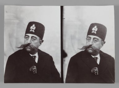  <em>A Double Portrait of Mozaffar al-Din Shah, One of 274 Vintage Photographs</em>, late 19th-early 20th century. Gelatin silver printing out paper, 4 7/16 x 6 1/4 in.  (11.2 x 15.9 cm). Brooklyn Museum, Purchase gift of Leona Soudavar in memory of Ahmad Soudavar, 1997.3.124 (Photo: Brooklyn Museum, 1997.3.124_IMLS_PS3.jpg)