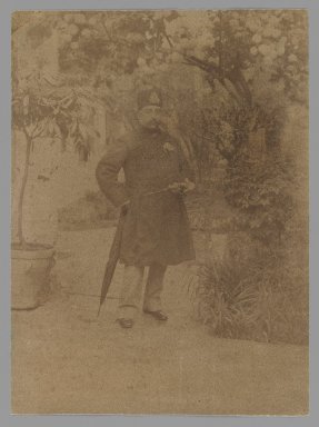  <em>Mozaffar al-Din Shah Standing in a Garden, One of 274 Vintage Photographs</em>, late 19th-early 20th century. Albumen silver photograph, 5 1/2 x 4 1/16 in.  (13.9 x 10.3 cm). Brooklyn Museum, Purchase gift of Leona Soudavar in memory of Ahmad Soudavar, 1997.3.125 (Photo: Brooklyn Museum, 1997.3.125_IMLS_PS3.jpg)