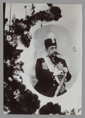  <em>Photograph of a Photograph of Mozaffar al-Din Shah in Coronation Regalia,  One of 274 Vintage Photographs</em>, late 19th–early 20th century. Gelatin silver printing out paper, 4 5/8 x 3 1/4 in.  (11.7 x 8.3 cm). Brooklyn Museum, Purchase gift of Leona Soudavar in memory of Ahmad Soudavar, 1997.3.127 (Photo: Brooklyn Museum, 1997.3.127_IMLS_PS3.jpg)