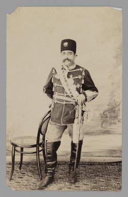 Antoin Sevruguin. <em>Full-length Portrait of Mozaffar al-Din Shah, One of 274 Vintage Photographs</em>, late 19th-early 20th century. Gelatin silver printing out paper, 6 3/16 x 3 15/16 in.  (15.7 x 10.0 cm). Brooklyn Museum, Purchase gift of Leona Soudavar in memory of Ahmad Soudavar, 1997.3.131 (Photo: Brooklyn Museum, 1997.3.131_IMLS_PS3.jpg)