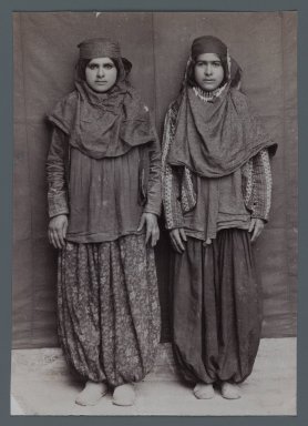  <em>Two Woman Posing in Provincial Costumes including Pantaloons Chaqchur, One of 274 Vintage Photographs</em>, late 19th-early 20th century. Albumen silver photograph, 5 3/8 x 3 3/4 in.  (13.6 x 9.6 cm). Brooklyn Museum, Purchase gift of Leona Soudavar in memory of Ahmad Soudavar, 1997.3.19 (Photo: Brooklyn Museum, 1997.3.19_IMLS_PS3.jpg)