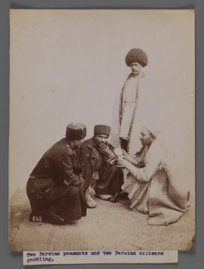  <em>Two Persian Peasants and Two Persian Officers Gambling,  One of 274 Vintage Photographs</em>, late 19th–early 20th century. Albumen silver photograph, 7 15/16 x 6 1/8 in.  (20.1 x 15.5 cm). Brooklyn Museum, Purchase gift of Leona Soudavar in memory of Ahmad Soudavar, 1997.3.219 (Photo: Brooklyn Museum, 1997.3.219_IMLS_PS3.jpg)