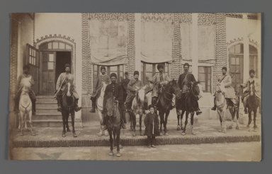  <em>A Persian Dignitary Accompanied by Nine Soldiers on Horseback, One of 274 Vintage Photographs</em>, late 19th–early 20th century. Albumen silver photograph, 5 3/4 x 9 1/8 in.  (14.6 x 23.2 cm). Brooklyn Museum, Purchase gift of Leona Soudavar in memory of Ahmad Soudavar, 1997.3.225 (Photo: Brooklyn Museum, 1997.3.225_IMLS_PS3.jpg)