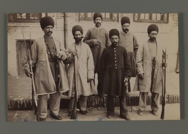  <em>A Persian Dignitary Accompanied by Five Soldiers on Horseback, One of 274 Vintage Photographs</em>, late 19th-early 20th century. Albumen silver photograph, 5 5/16 x 8 5/16 in.  (13.5 x 21.1 cm). Brooklyn Museum, Purchase gift of Leona Soudavar in memory of Ahmad Soudavar, 1997.3.226 (Photo: Brooklyn Museum, 1997.3.226_IMLS_PS3.jpg)
