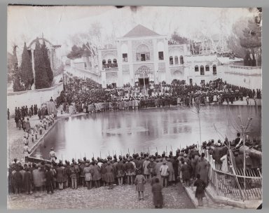  <em>A Royal Ceremony in the Arg before the Naghar Kaneh(?),  One of 274 Vintage Photographs</em>, late 19th–early 20th century. Albumen silver photograph, 6 13/16 x 8 7/16 in.  (17.3 x 21.5 cm). Brooklyn Museum, Purchase gift of Leona Soudavar in memory of Ahmad Soudavar, 1997.3.242 (Photo: Brooklyn Museum, 1997.3.242_IMLS_PS3.jpg)