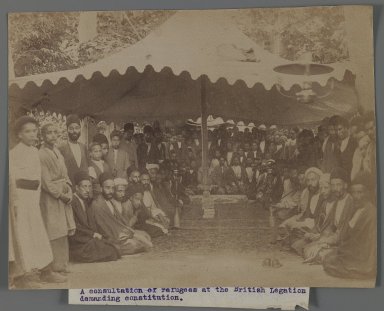  <em>A Consultation of Refugees at the British Legation Demanding Constution I,  One of 274 Vintage Photographs</em>, late 19th-early 20th century. Albumen silver photograph, 6 5/16 x 8 3/16 in.  (16.0 x 20.8 cm). Brooklyn Museum, Purchase gift of Leona Soudavar in memory of Ahmad Soudavar, 1997.3.243 (Photo: Brooklyn Museum, 1997.3.243_IMLS_PS3.jpg)