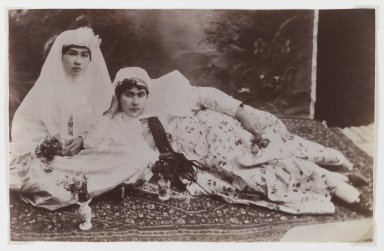 Antoin Sevruguin. <em>Women Posing with Bouquets, One of 274 Vintage Photographs</em>, late 19th century. Albumen silver photograph, 5 1/4 x 9 3/16 in.  (13.3 x 23.3 cm). Brooklyn Museum, Purchase gift of Leona Soudavar in memory of Ahmad Soudavar, 1997.3.33. Creative Commons-BY (Photo: Brooklyn Museum, 1997.3.33_IMLS_PS3.jpg)