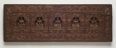  <em>Manuscript Cover with the Five Tathagatas</em>, ca. 1200. Wood, color, gold, 9 5/8 x 27 1/2 x 1 1/8 in. (24.4 x 69.9 x 2.9 cm). Brooklyn Museum, Gift of the Asian Art Council, 1997.59.1. Creative Commons-BY (Photo: Brooklyn Museum, 1997.59.1_front_PS11.jpg)
