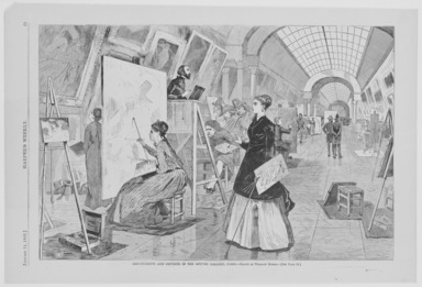 Winslow Homer (American, 1836-1910). <em>Art-Students and Copyists in the Louvre Gallery, Paris</em>, 1868. Wood engraving, Sheet: 9 3/16 x 13 7/8 in. (23.3 x 35.2 cm). Brooklyn Museum, Gift of Harvey Isbitts, 1998.105.102 (Photo: Brooklyn Museum, 1998.105.102_bw_SL3.jpg)