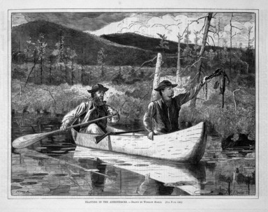 Winslow Homer (American, 1836–1910). <em>Trapping in the Adirondacks</em>, 1870. Wood engraving, Image: 9 1/4 x 12 1/8 in. (23.5 x 30.8 cm). Brooklyn Museum, Gift of Harvey Isbitts, 1998.105.158 (Photo: Brooklyn Museum, 1998.105.158_bw.jpg)