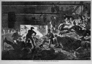 Winslow Homer (American, 1836-1910). <em>Winter-Quarters in Camp--The Inside of a Hut</em>, 1863. Wood engraving, Image: 9 1/8 x 13 3/4 in. (23.2 x 34.9 cm). Brooklyn Museum, Gift of Harvey Isbitts, 1998.105.78 (Photo: Brooklyn Museum, 1998.105.78_bw.jpg)