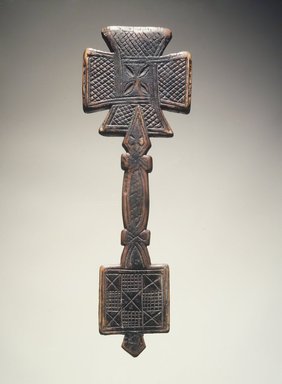 Amhara. <em>Hand Cross (mäsqäl)</em>, 17th or 18th century. Wood, 10 1/2 x 3 1/2 x 1/2 in.  (26.7 x 8.9 x 1.3 cm). Brooklyn Museum, Gift of Miodrag Janjusevic, 1998.126.4. Creative Commons-BY (Photo: Brooklyn Museum, 1998.126.4_transpc005.jpg)