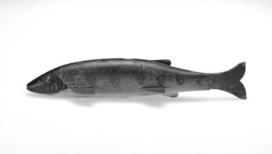 Harry Seymour. <em>Fish Decoy, Yellow (Grass) Perch</em>, ca. 1880. Painted wood, metals, leather, 1 3/8 x 7 1/4 x 1 3/4 in.  (3.5 x 18.4 x 4.4 cm). Brooklyn Museum, Gift of the North American Fish Decoy Partners, 1998.148.19. Creative Commons-BY (Photo: Brooklyn Museum, 1998.148.19_bw.jpg)