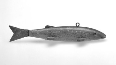  <em>Fish Decoy</em>, 20th century. Painted wood, metal, leather, 6 1/8 x 1 1/8 x 1 7/8 in.  (15.6 x 2.9 x 4.8 cm). Brooklyn Museum, Gift of the North American Fish Decoy Partners, 1998.148.32. Creative Commons-BY (Photo: Brooklyn Museum, 1998.148.32_bw.jpg)