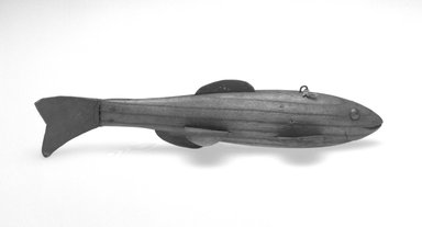  <em>Fish Decoy</em>, 1900. Wood, metal, leather, 8 x 2 3/8 x 1 7/8 in.  (20.3 x 6.0 x 4.8 cm). Brooklyn Museum, Gift of the North American Fish Decoy Partners, 1998.148.45. Creative Commons-BY (Photo: Brooklyn Museum, 1998.148.45_bw.jpg)
