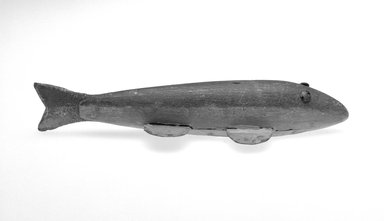  <em>Fish Decoy</em>, 1900. Painted wood, metal, leather, 7 1/4 x 2 1/2 x 1 3/8 in.  (18.4 x 6.4 x 3.5 cm). Brooklyn Museum, Gift of the North American Fish Decoy Partners, 1998.148.47. Creative Commons-BY (Photo: Brooklyn Museum, 1998.148.47_bw.jpg)