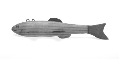  <em>Fish Decoy</em>, 20th century. Painted wood, metal, leather, 8 1/2 x 2 3/4 x 1 7/8 in.  (21.6 x 7.0 x 4.8 cm). Brooklyn Museum, Gift of the North American Fish Decoy Partners, 1998.148.55. Creative Commons-BY (Photo: Brooklyn Museum, 1998.148.55_bw.jpg)