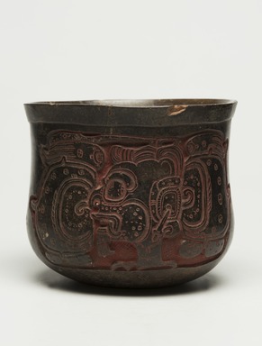 Maya. <em>Carved Bowl</em>, ca. 550-950 C.E. Ceramic, pigment, 5 x 5 15/16 x 5 13/16 in. (12.7 x 15.1 x 14.8 cm). Brooklyn Museum, Gift in memory of Frederic Zeller, 1998.176.1. Creative Commons-BY (Photo: Brooklyn Museum, 1998.176.1_view01_PS11.jpg)
