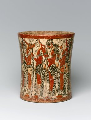 Maya. <em>Cylindrical Vessel</em>, ca. 550-950 C.E. Ceramic, pigment, 6 1/4 x 5 3/8 x 5 3/8 in. (15.9 x 13.7 x 13.7 cm). Brooklyn Museum, Gift in memory of Frederic Zeller, 1998.176.2. Creative Commons-BY (Photo: Brooklyn Museum, 1998.176.2_view1_PS1.jpg)
