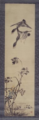 Chang Seung-ob (Korean, 1843-1897). <em>Geese and Reeds</em>, late 19th century. Ink and light color on satin, Overall: 79 x 18 3/4 in. (200.7 x 47.6 cm). Brooklyn Museum, Gift of Leighton R. Longhi and Rosemarie Longhi, 1998.181 (Photo: Brooklyn Museum, 1998.181_transp4538.jpg)
