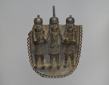 Edo. <em>Waist Pendant with Oba and Two Attendants</em>, mid-16th to early 17th century. Copper alloy, 8 x 6 1/4 x 2 1/4 in (20.3 x 15.9 x 5.7 cm). Brooklyn Museum, Gift of Beatrice Riese, 1998.38. Creative Commons-BY (Photo: Brooklyn Museum, 1998.38_front_PS2.jpg)