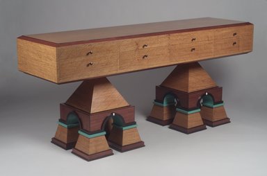 Wendell Castle (American, 1932–2018). <em>Sideboard</em>, 1977–1983. Narra wood, amaranth, ebony, and painted wood, 36 x 82 x 22 3/4 in. (91.4 x 208.3 x 57.8 cm). Brooklyn Museum, Gift of Jennifer Johnson Duke, 1998.48. Creative Commons-BY (Photo: Brooklyn Museum, 1998.48.jpg)