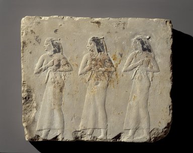  <em>Relief of Mourning Women</em>, 381–343 B.C.E. Limestone, pigment, 11 7/16 x 13 3/8 x 1 3/8 in. (29 x 34 x 3.5 cm). Brooklyn Museum, Charles Edwin Wilbour Fund, 1998.98. Creative Commons-BY (Photo: Brooklyn Museum, 1998.98_overall_SL3.jpg)