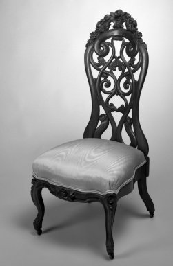 John Henry Belter (American, born Germany, 1804-1863). <em>Chair</em>, ca.1850. Laminated wood with upholstered seats Brooklyn Museum, Bequest of Miriam Godofsky, 1999.105.5. Creative Commons-BY (Photo: Brooklyn Museum, 1999.105.5_bw_IMLS.jpg)