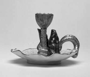 Worcester Royal Porcelain Co. (founded 1751). <em>Chamberstick</em>, ca. 1883. Porcelain, 4 x 5 1/2 x 5 1/4 in. (10.2 x 14 x 13.3 cm). Brooklyn Museum, Gift of the Estate of Harold S. Keller, 1999.152.113. Creative Commons-BY (Photo: Brooklyn Museum, 1999.152.113_bw.jpg)