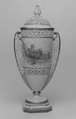 Grainger and Co.. <em>Vase and Cover</em>, before 1889. Porcelain, 11 x 5 x 3 5/8 in. (27.9 x 12.7 x 9.2 cm). Brooklyn Museum, Gift of the Estate of Harold S. Keller, 1999.152.48a-b. Creative Commons-BY (Photo: Brooklyn Museum, 1999.152.48a-b_bw.jpg)