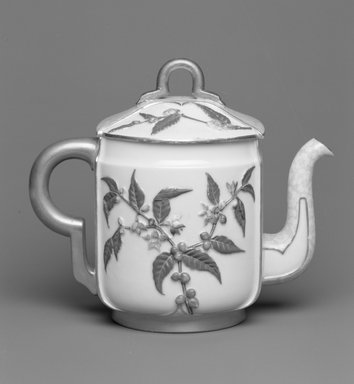 Worcester Royal Porcelain Co. (founded 1751). <em>Teapot with Lid</em>, 1884. Porcelain, 6 5/16 x 7 3/8 x 4 5/8 in. (16.1 x 18.7 x 11.7 cm). Brooklyn Museum, Gift of the Estate of Harold S. Keller, 1999.152.62a-b. Creative Commons-BY (Photo: Brooklyn Museum, 1999.152.62a-b_bw.jpg)