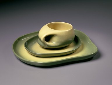 Tamac Pottery (in operation 1946–1973). <em>Plate, Cup and Saucer</em>, mid–20th century. Earthenware, saucer:  1 x 10 x 9 in.  (2.5 x 26.7 x 22.9 cm);  . Brooklyn Museum, Gift of Roy R. Eddey and Dr. Joel E. Hershey, 1999.23.3a-b. Creative Commons-BY (Photo: , 1999.23.2_1999.23.3a-b_SL3.jpg)