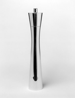 Karim Rashid (Canadian, born Egypt, 1960). <em>Juneau Pepper Mill</em>, 1996. Stainless steel, 10 3/4 x 2 x 2 in. (27.3 x 5.1 x 5.1 cm). Brooklyn Museum, Gift of Nambé Studio, 1999.27.1. Creative Commons-BY (Photo: Brooklyn Museum, 1999.27.1_bw.jpg)