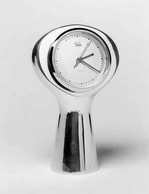 Karim Rashid (Canadian, born Egypt, 1960). <em>Tower Clock</em>, 1996. Polished metal alloy, 6 1/2 x 4 x 2 3/4 in. (16.5 x 10.2 x 7 cm). Brooklyn Museum, Gift of Nambé Studio, 1999.27.3. Creative Commons-BY (Photo: Brooklyn Museum, 1999.27.3_bw.jpg)