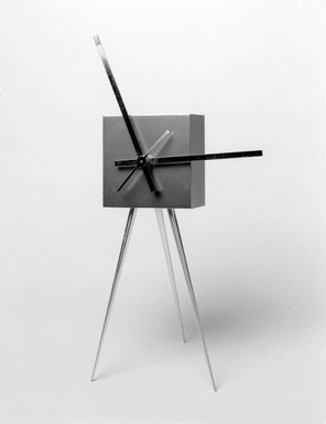 Karim Rashid (Canadian, born Egypt, 1960). <em>Abaxial Clock</em>, 1992. Aluminum and other metals, 9 x 4 1/4 x 4 1/4 in. (22.9 x 10.8 x 10.8 cm). Brooklyn Museum, Gift of Karim Rashid, 1999.28.7. Creative Commons-BY (Photo: Brooklyn Museum, 1999.28.7_bw.jpg)