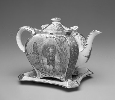  <em>Teapot and Stand</em>, ca. 1880. Glazed earthenware, 7 1/4 x 10 1/4 x 6 in.  (18.4 x 26.0 x 15.2 cm). Brooklyn Museum, Gift of Paul F. Walter, 1999.29.56a-c. Creative Commons-BY (Photo: Brooklyn Museum, 1999.29.56a-c_bw.jpg)