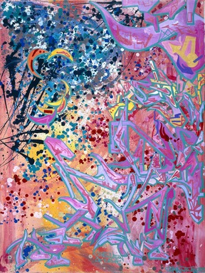 Aaron Goodstone aka Sharp (American, born 1966). <em>Constellation of Events</em>, 1986. Spray paint on canvas, 47 1/8 x 35 3/8 in. (119.7 x 89.9 cm). Brooklyn Museum, Gift of Carroll Janis and Conrad Janis, 1999.57.14. © artist or artist's estate (Photo: Brooklyn Museum, 1999.57.14_reference_SL1.jpg)