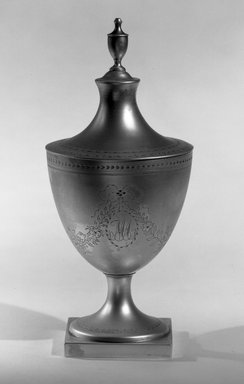 John Burger (American, active 1780–1805). <em>Sugar Bowl</em>, ca. 1795. Silver, height: 9 13/16 in. (25 cm). Brooklyn Museum, Gift of Samuel E. Haslett, 20.787. Creative Commons-BY (Photo: Brooklyn Museum, 20.787_acetate_bw.jpg)