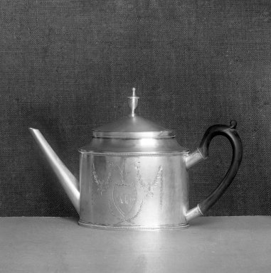 John Vernon (American, 1768-1815). <em>Teapot</em>, ca. 1795. Silver, height x width: 7 7/8 x 12 3/16 in. (20 x 31 cm). Brooklyn Museum, Bequest of Samuel E. Haslett, 20.792. Creative Commons-BY (Photo: Brooklyn Museum, 20.792_glass_bw.jpg)