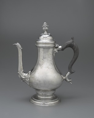 Daniel Christian Fueter (Swiss, 1720–1785). <em>Coffee Pot</em>, ca. 1765. Silver with wooden handle, 12 1/8 x 6 x 10 in. (30.8 x 15.2 x 25.4 cm). Brooklyn Museum, Bequest of Samuel E. Haslett, 20.796. Creative Commons-BY (Photo: Brooklyn Museum, 20.796_PS6.jpg)