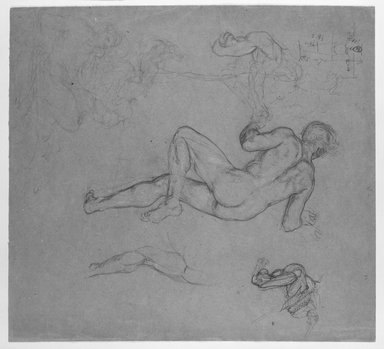 Edward John Poynter (British, 1836-1919). <em>Study - Figure Subject (Several sketches of Nudes)</em>. Charcoal and white chalk drawing on wove paper, 14 x 15 in. (35.6 x 38.1 cm). Brooklyn Museum, Gift of A. Augustus Healy, 20.827.1 (Photo: Brooklyn Museum, 20.827.1_bw.jpg)