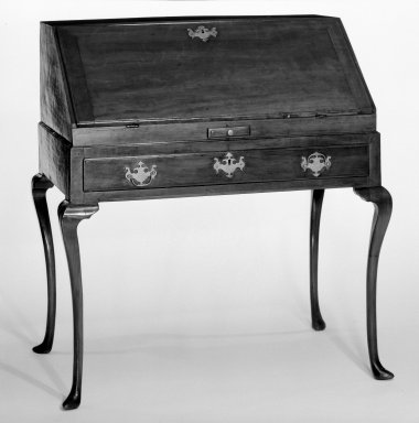 American. <em>Desk</em>, 1725-1740. Cherry wood and brass handles, 42 1/4 x 36 3/4 x 24 in. (107.3 x 93.3 x 61 cm). Brooklyn Museum, Bequest of Samuel E. Haslett, 20.920. Creative Commons-BY (Photo: Brooklyn Museum, 20.920_closed_bw.jpg)