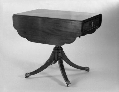American. <em>Two-Leaf Table with Carved Urn Shaped Pedestal</em>, 1810-1820. Mahogany, pine, maple, Height: 29 7/8 in. (75.9 cm). Brooklyn Museum, Bequest of Samuel E. Haslett, 20.926. Creative Commons-BY (Photo: Brooklyn Museum, 20.926_bw_IMLS.jpg)