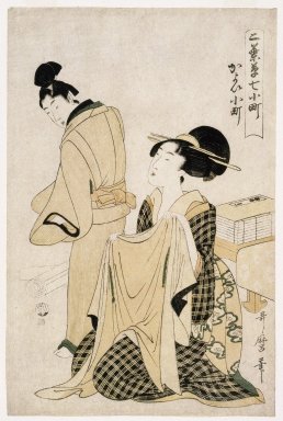 Kitagawa Utamaro (Japanese, 1753-1806). <em>Visiting Komachi, from the series Little Seedlings: Seven Komachi</em>, ca. 1803. Color woodblock print on Japanese mulberry paper, 15 x 9 15/16 in. (38.0 x 25.0 cm). Brooklyn Museum, Museum Collection Fund, 20.930 (Photo: Brooklyn Museum, 20.930_IMLS_SL2.jpg)