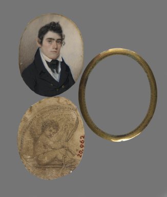 Eliab Metcalf (American, 1785–1834). <em>Portrait of John Haslett, M.D.</em>, ca. 1822. Watercolor on ivory portrait, printed business card (backing paper), and brass liner and lens, Image: 3 x 2 5/16 in. (7.6 x 5.9 cm). Brooklyn Museum, Bequest of Samuel E. Haslett, 20.962 (Photo: Brooklyn Museum, 20.962_PS2.jpg)