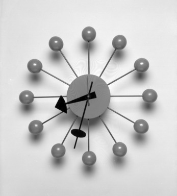Irving Harper (American, 1916-2015). <em>"Ball" Wall Clock</em>, 1948-1969. Painted birch, steel, brass, 13 1/2 x 13 1/2 x 2 3/4 in. (34.3 x 34.3 x 7 cm). Brooklyn Museum, H. Randolph Lever Fund, 2000.101.1. Creative Commons-BY (Photo: Brooklyn Museum, 2000.101.1_bw.jpg)