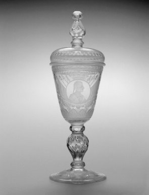 German. <em>Goblet and Cover</em>, ca. 1730. Glass, 11 3/8 x 3 7/8 x 3 7/8 in.  (28.9 x 9.8 x 9.8 cm). Brooklyn Museum, Gift of Wunsch Foundation, Inc., 2000.128.2a-b. Creative Commons-BY (Photo: Brooklyn Museum, 2000.128.2a-b_bw.jpg)