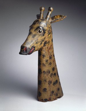 American. <em>Giraffe Head</em>, 1850-1900. Painted wood, glass (possibly), 26 x 11 x 13 in.  (66.0 x 27.9 x 33.0 cm). Brooklyn Museum, Gift of The Guennol Collection, 2000.48. Creative Commons-BY (Photo: Brooklyn Museum, 2000.48_SL1.jpg)