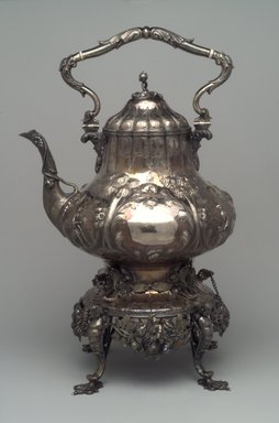 Eoff & Shepherd. <em>Teakettle on Stand with Burner</em>, ca. 1860. Silver, ivory, 15 1/8 x 9 3/4 x 7 7/8 in. (38.4 x 24.8 x 20 cm). Brooklyn Museum, Gift in memory of Harry and Marian R. Lipton presented on behalf of their great-grandchildren, Elissa H. Samet, Brandon R. Derringer, Jeremy A. Derringer, and Justin M. Derringer, 2000.6.10a-c. Creative Commons-BY (Photo: Brooklyn Museum, 2000.6.10a-c.jpg)
