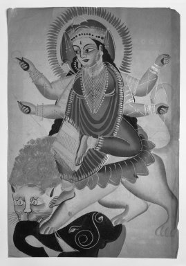  <em>The Goddess Durga Astride a Lion</em>, late 19th-early 20th century. Watercolors on paper with polished tin accents, 16 x 11 in.  (40.6 x 27.9 cm). Brooklyn Museum, Gift of Dr. Bertram H. Schaffner, 2000.98.1 (Photo: Brooklyn Museum, 2000.98.1_bw_IMLS.jpg)